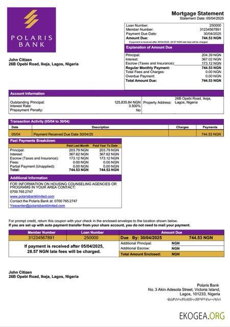 Modèle Word et PDF de relevé hypothécaire de la Polaris Bank du Nigeria